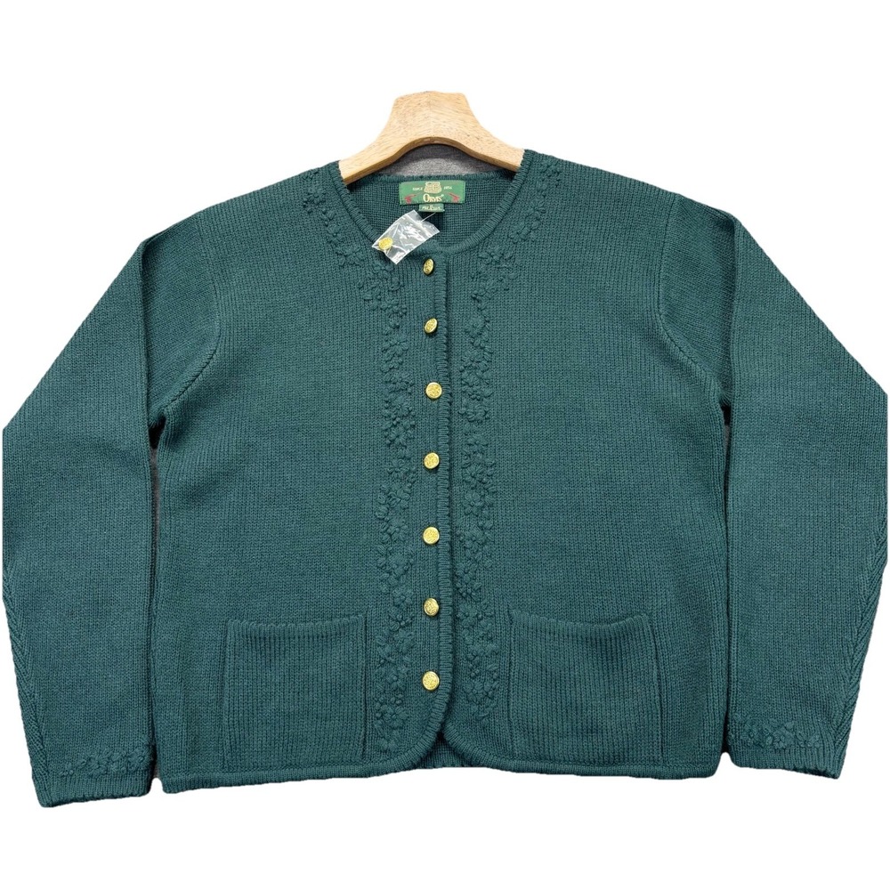 Orvis Cardigan Sweater Women's Medium Green Gold Buttons Embroidered Floral NWOT